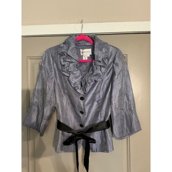 David's Bridal Tops - David's Bridal Crinkle Gray/Purplish Rouche Collar, Black Tie Belt Blouse Sz 14